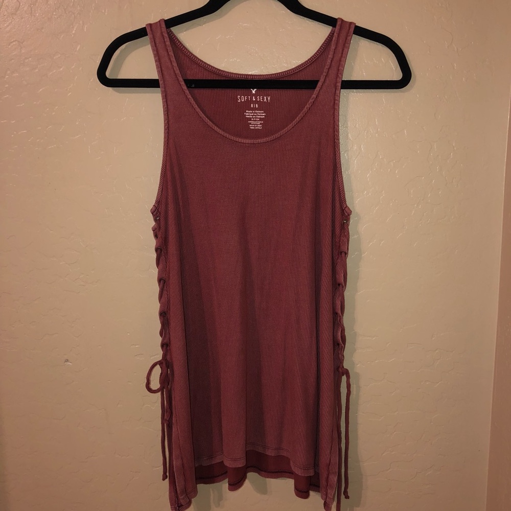 American Eagle Ribbed Lace-Sided Pink Tee